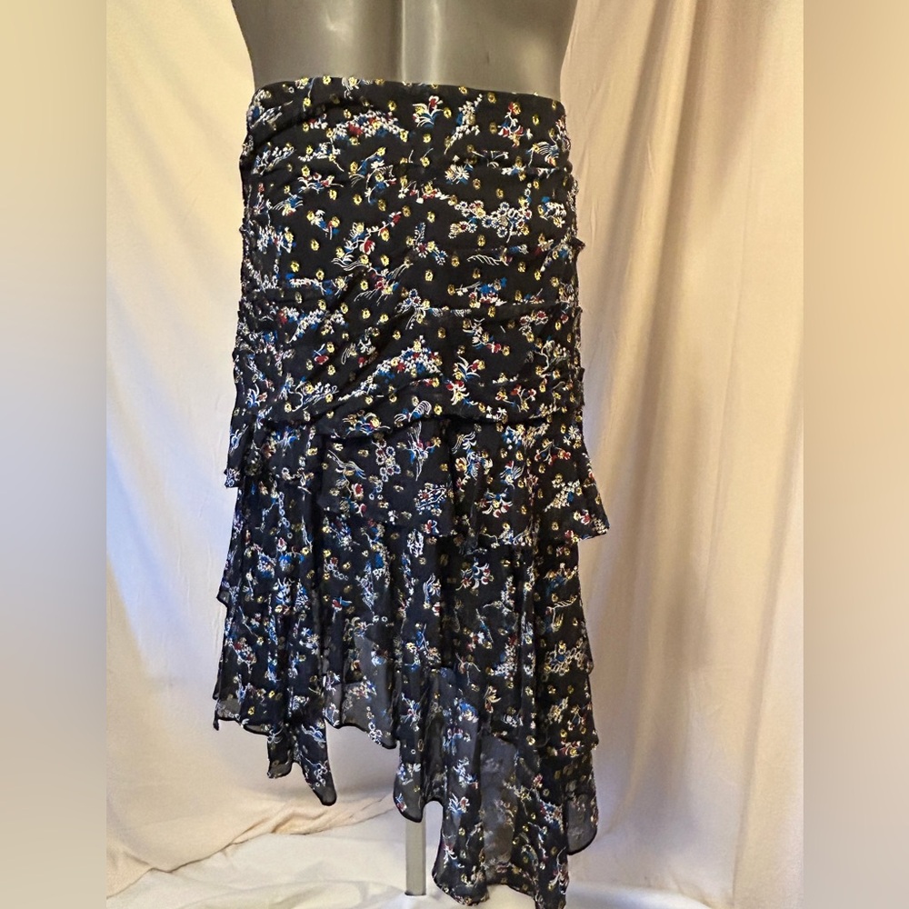 Veronica Beard Silk Gold Red Blue Black Ruffle Tiered Asymmetrical Dress Skirt - Picture 2 of 11